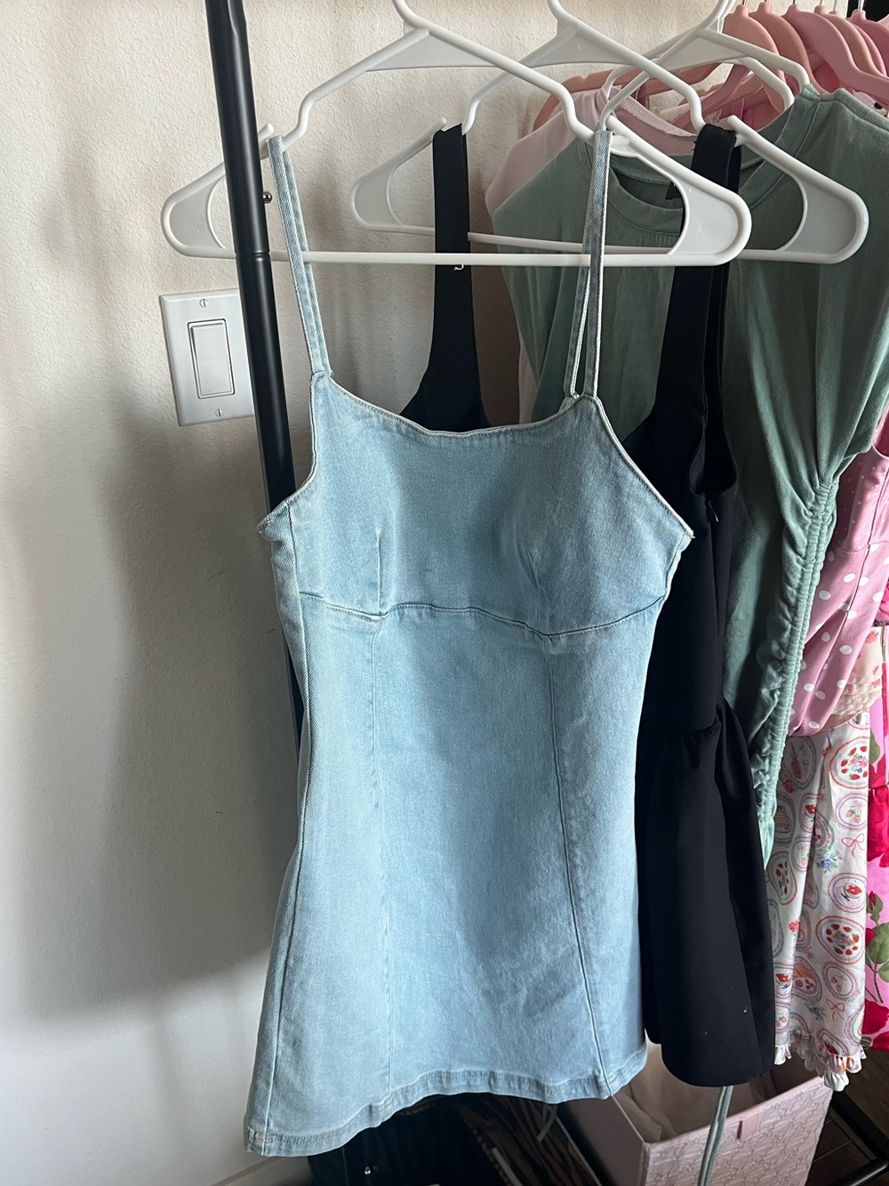 Light Blue Denim Cami Mini Dress - Classic Spaghetti Strap
